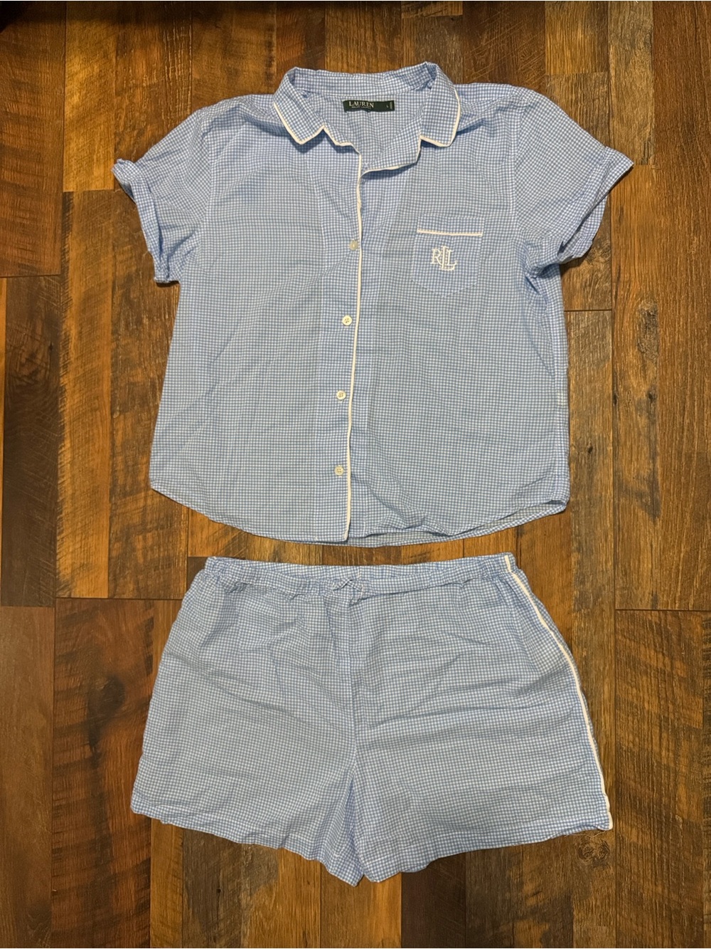 Ralph Lauren Blue Gingham Plaid Pajama Set Button Up Short Sleeve size Large L